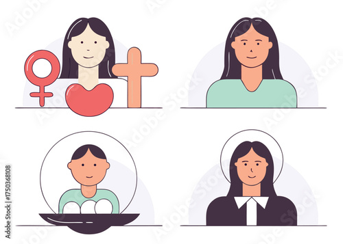Diverse women icons representing motherhood and faith symbols