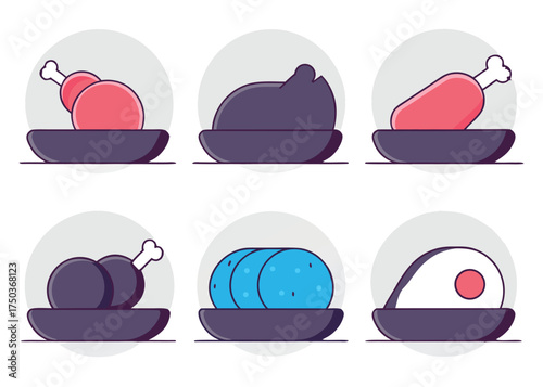 Raw meat poultry and egg icons on plates chicken leg meat icon