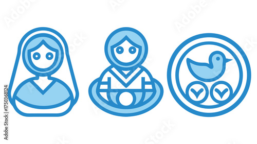 Mother icons nesting doll bird nest blue outline vector