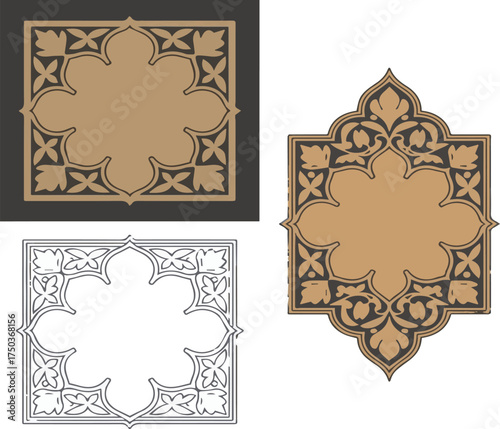 Ornate floral decorative frame in beige and dark brown with outline version vector