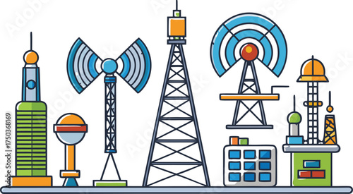 Communication towers antennas satellite dishes and buildings transmission