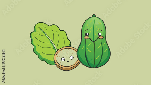 Cute green cucumber and lettuce leaf with smiling food icons vector