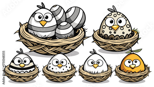 Cartoon birds in nests with striped and spotted eggs vector