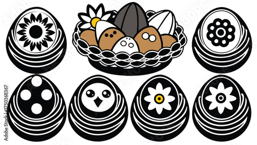 Black and white decorated eggs and basket with flowers and seeds easter eggs