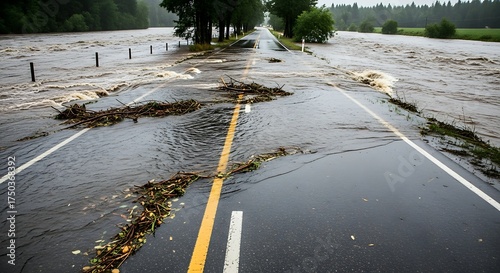 Flooded Roadway After Heavy Rainfall Event in Rural Area.