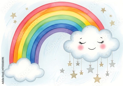 Dreamy Rainbow and Cloud Illustration with Stars for Childrens Decor.