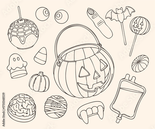 Hand-Drawn Halloween Candy Vector Set: Pumpkin Basket, Brain Cake, Blood Bag, Witch Finger & More Shaped Candies