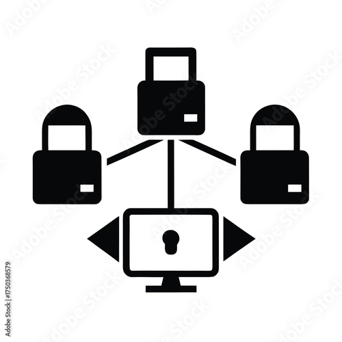 Secure Data Transfer Between Multiple Devices Vector Silhouette On White Background  