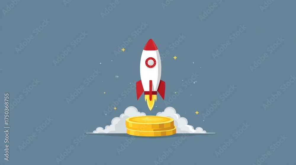 Fototapeta premium Creative flat design of rocket lifting off a golden coin, symbol of rapid profit, market growth, and success inspiration