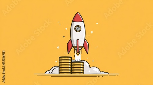 Flat design illustration of a rocket launching from a gold coin base, symbolizing high-growth investments and financial success, dynamic and inspiring style