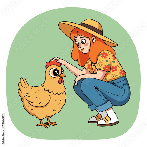Person with long orange hair wearing a wide-brimmed hat, floral shirt, and blue jeans, squatting and gently petting a surprised chicken, set against a green background.
