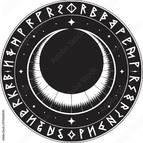 Mystical moon phase with rune symbols and stars for pagan spirituality and witchcraft design elements