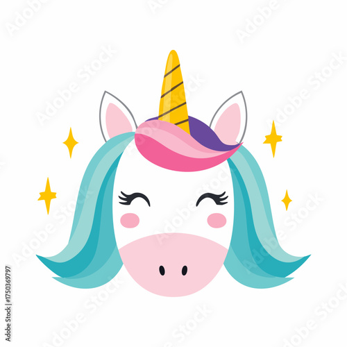 Cute Unicorn Face with Stars Illustration.