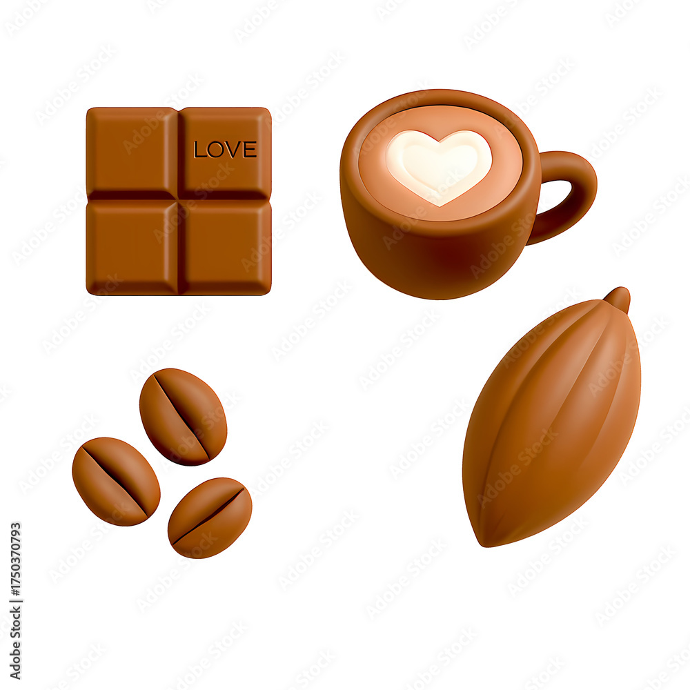 Fototapeta premium Vivid chocolate scene featuring a four-square cocoa bar, a warm latte cup with heart latte art, cocoa beans, and a glossy cacao pod. Warm, indulgent mood perfect for sweets and cafe themes.