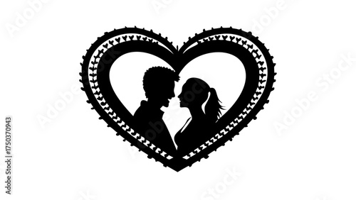 Elegant silhouette of romantic couple embracing within a heart frame, perfect for Valentine's Day designs, wedding invitations, or love-themed creative projects