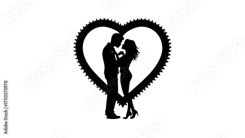 Romantic silhouette of a couple embracing inside a decorative heart, conveying love, connection, and intimacy for Valentine's Day or wedding designs