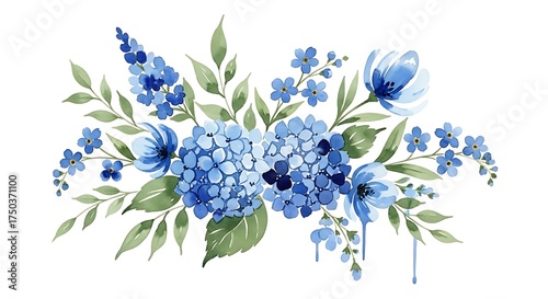 Watercolor Blue Floral Arrangement - Hydrangeas, Forget-Me-Nots, and Greenery.