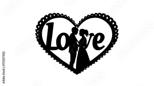 Elegant wedding silhouette inside a heart with the word Love for invitations and decorations, ideal for celebrating romance and eternal commitment