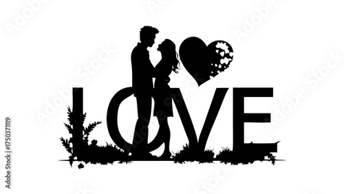 Romantic couple silhouette embracing near a heart and the word LOVE, perfect for Valentine's Day cards or heartfelt designs, conveying affection and love