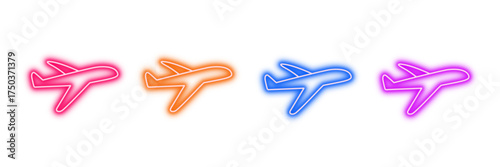 Neon glowing airplane vector icons set, travel, flight, transportation, aviation, journey, destination, glowing colorful digital design illustration on transparent background.