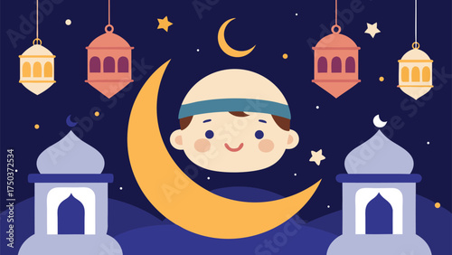 Charming cartoon illustration of a happy muslim boy s face peeking from behind a crescent moon with lanterns and mosques under a starry night sky