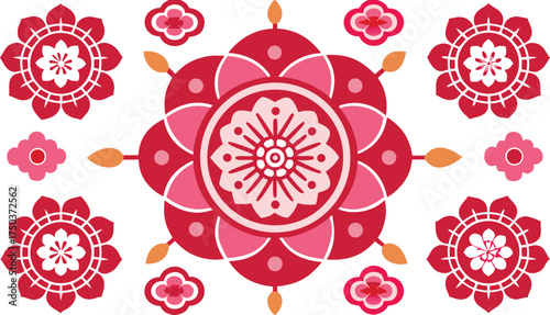 Intricate floral mandala pattern in shades of red and pink