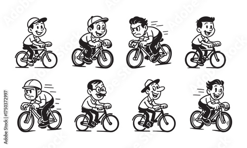 Engaging cartoon cyclists showcasing varied expressions, perfect for active lifestyle branding or playful design projects with a dynamic, sporty vibe