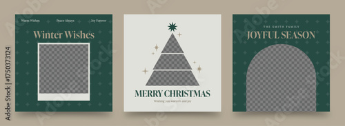 Green Christmas Photo Frame Templates, Modern Square Holiday Cards with Minimalist Tree and Star Accents