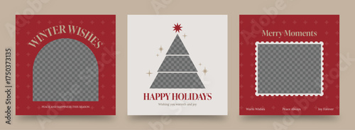 Modern Holiday Photo Card Templates – Minimalist Red and Cream Designs with Tree and Frame Elements