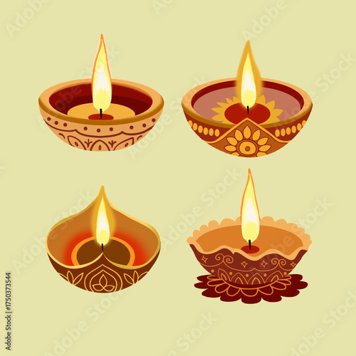A collection of traditional Indian Diya lamps with burning flames, beautifully decorated for Diwali, the Festival of Lights. Perfect for greeting cards, posters, invitations, and cultural designs.