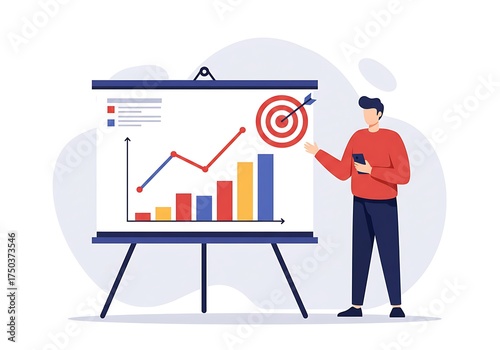 Business presentation with charts graphs and target symbol on whiteboard