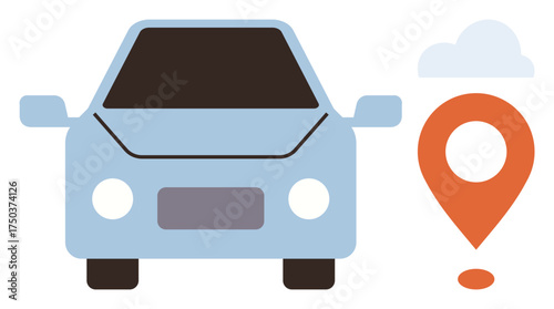 Blue car facing forward beside an orange location pin. Ideal for navigation, car rental, transportation, travel apps, delivery, logistics, and automotive services. Simple flat metaphor