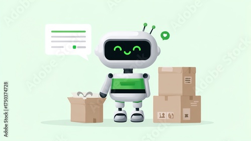 Friendly AI Robot Assisting with Packaging and Delivery | Modern Artificial Intelligence Technology Concept