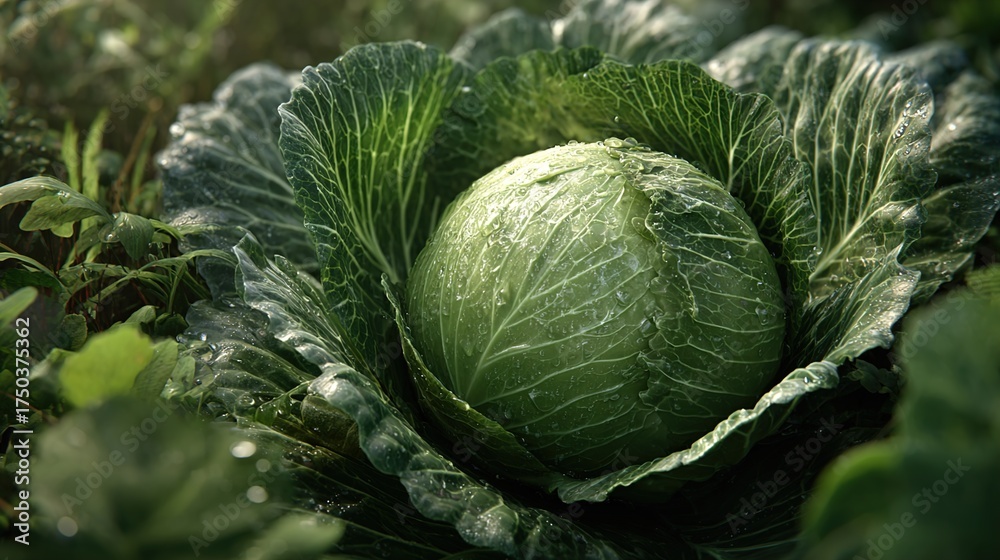 Fototapeta premium Fresh Green Cabbage – Organic Farm Vegetable with Dew Drops