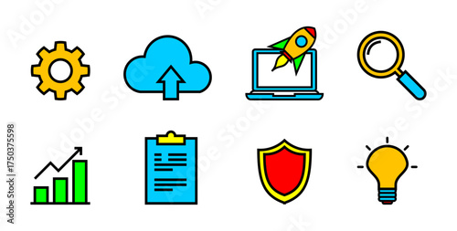 Colorful tech icons for cloud, gear, rocket, chart, and security, ideal for UI UX, startup presentations, app design, productivity tools, or business infographics.