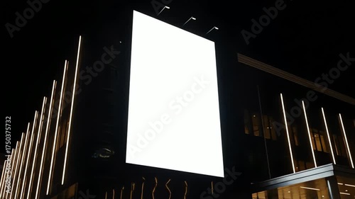 Giant Vertical Blank Billboard Mockup on Modern City Building at Night