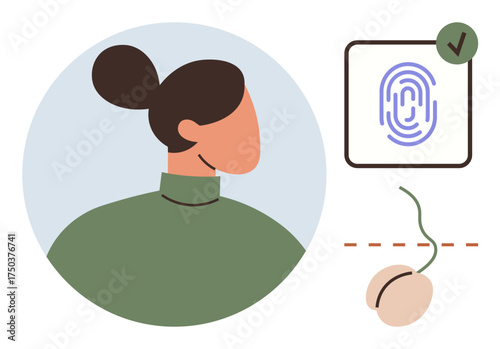Profile of a woman, a fingerprint with confirmation check, and a mouse with a cord. Ideal for data security, identity verification, online privacy, authentication, biometrics, technology secure