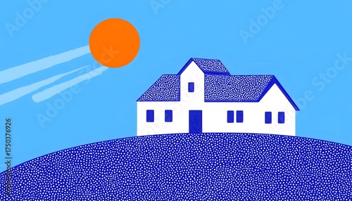 Colorful illustration of a house against a bright sun and sky.