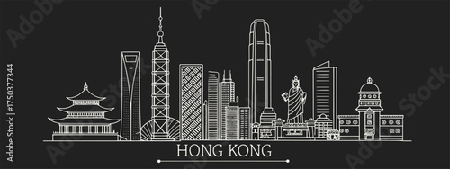  Hong Kong City Skyline Illustration – Ultra Fine Black and White Pencil Art Featuring Victoria Harbour, IFC Tower, Star Ferry and Big Buddha for Travel and Editorial Use