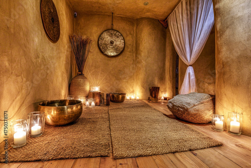 A peaceful space designed for sound therapy features multiple singing bowls surrounded by candles and cushions. The soft lighting creates a soothing atmosphere for relaxation and healing