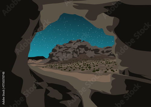 Vector Illustration of a Desert Landscape Seen from a Cave at Night”