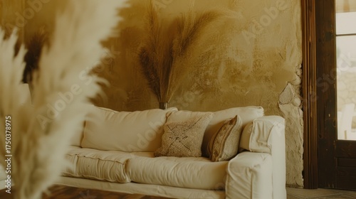 Elegant Cream Sofa with Decorative Cushions in Cozy Living Room with Natural Light