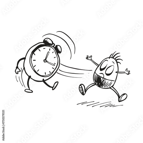 An Alarm Clock Running Away From A Sleepy Person Funny Morning Vector Illustration  