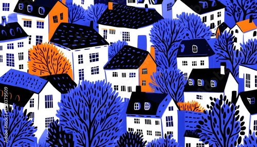 Colorful cityscape with vibrant rooftops and green foliage.