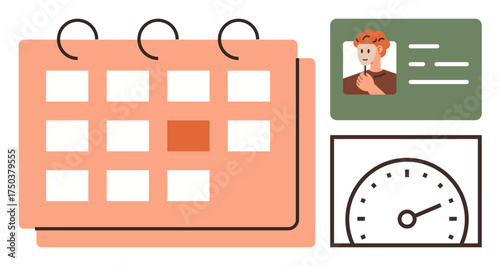 Large calendar with marked date, profile card with photo and text, and speed gauge. Ideal for scheduling, productivity, time tracking, planning, deadlines, organization simple flat metaphor