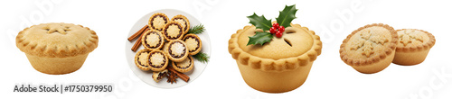 Arrangement of several mince pies with decorations on a plain surface for christmas celebration on transparent background