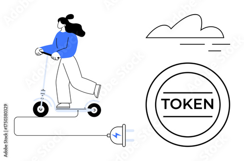 Female riding electric scooter, large charging plug connected, digital token, and cloud above. Ideal for mobility, eco-transport, technology, cryptocurrency, sustainability clean energy commute