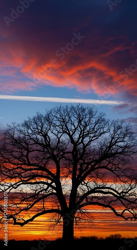 Silhouette of a Tree Against a Vibrant Sunset Sky.