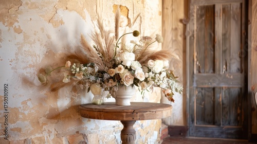 Elegant Floral Arrangement with White Roses and Pampas Grass on Rustic Wooden Table in Cozy Vintage Interior