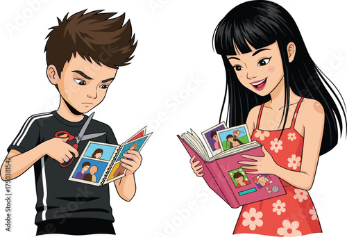 MobileCartoon boy and girl with photo albums, emotional contrast, scissors, nostalgia, childhood memories, scrapbook, relationship, past, smile, sadness